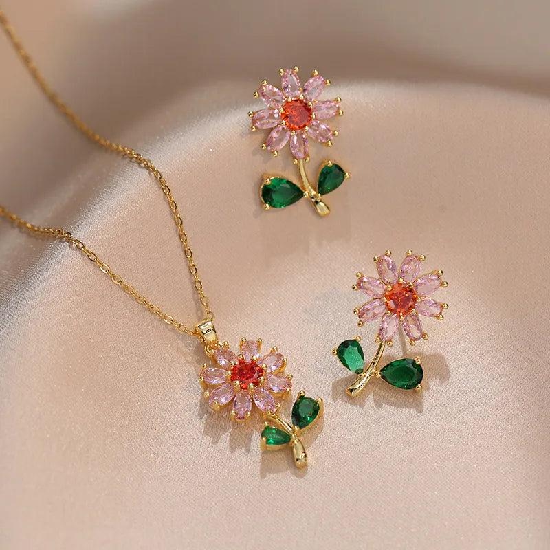 Sunflower Earrings & Pendant Set Stainless Steel Necklace Purple Zircon
