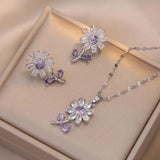 Sunflower Earrings & Pendant Set Stainless Steel Necklace Purple Zircon