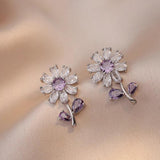 Sunflower Earrings & Pendant Set Stainless Steel Necklace Purple Zircon