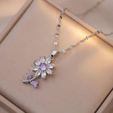 Sunflower Earrings & Pendant Set Stainless Steel Necklace Purple Zircon