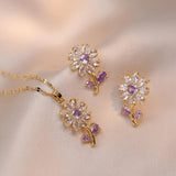 Sunflower Earrings & Pendant Set Stainless Steel Necklace Purple Zircon