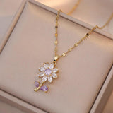 Sunflower Earrings & Pendant Set Stainless Steel Necklace Purple Zircon