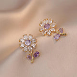 Sunflower Earrings & Pendant Set Stainless Steel Necklace Purple Zircon