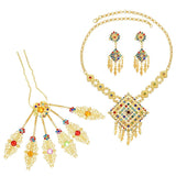 Thai Jewelry Set Plated Leaf Hair Fork Hairpin Square Necklace Earrings