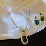 Quadrate Rhinestone Necklace Earrings Ring Jewelry Set