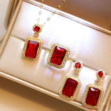 Quadrate Rhinestone Necklace Earrings Ring Jewelry Set