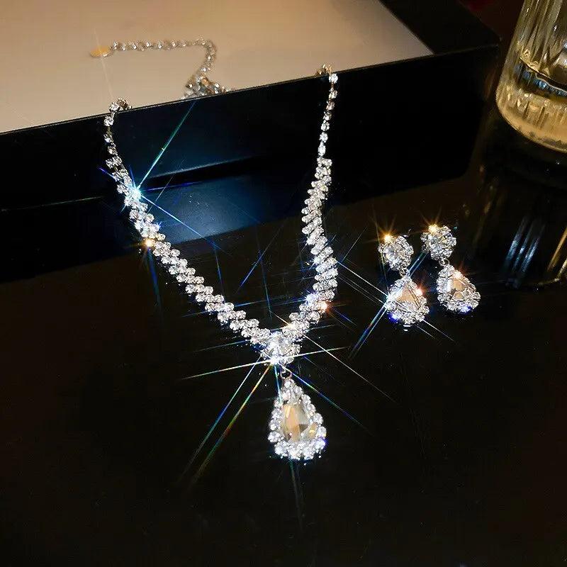 Rhinestone Necklace Earrings Set Geometric Water Drop Jewelry