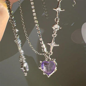 Pink Crystal Heart Pendant Necklace and Bowknot Ring Set for Women Girls