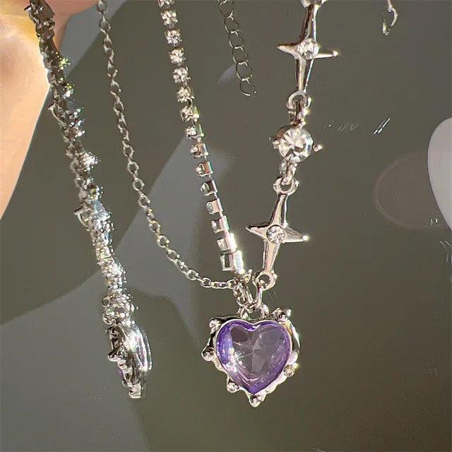 Pink Crystal Heart Pendant Necklace and Bowknot Ring Set for Women Girls