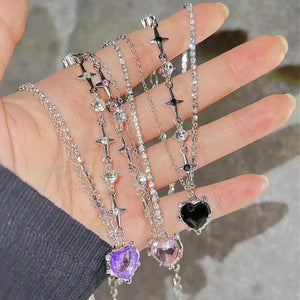 Pink Crystal Heart Pendant Necklace and Bowknot Ring Set for Women Girls