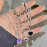 Pink Crystal Heart Pendant Necklace and Bowknot Ring Set for Women Girls