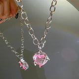 Pink Crystal Heart Pendant Necklace and Bowknot Ring Set for Women Girls