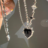 Pink Crystal Heart Pendant Necklace and Bowknot Ring Set for Women Girls
