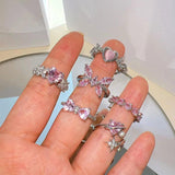 Pink Crystal Heart Pendant Necklace and Bowknot Ring Set for Women Girls