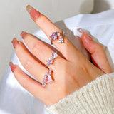 Pink Crystal Heart Pendant Necklace and Bowknot Ring Set for Women Girls