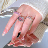 Pink Crystal Heart Pendant Necklace and Bowknot Ring Set for Women Girls
