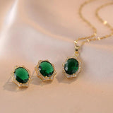 Green Stone Stud Earrings & Pendant Necklace Set - CZ Bridal Jewelry