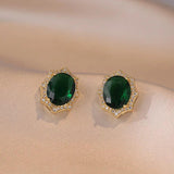 Green Stone Stud Earrings & Pendant Necklace Set - CZ Bridal Jewelry