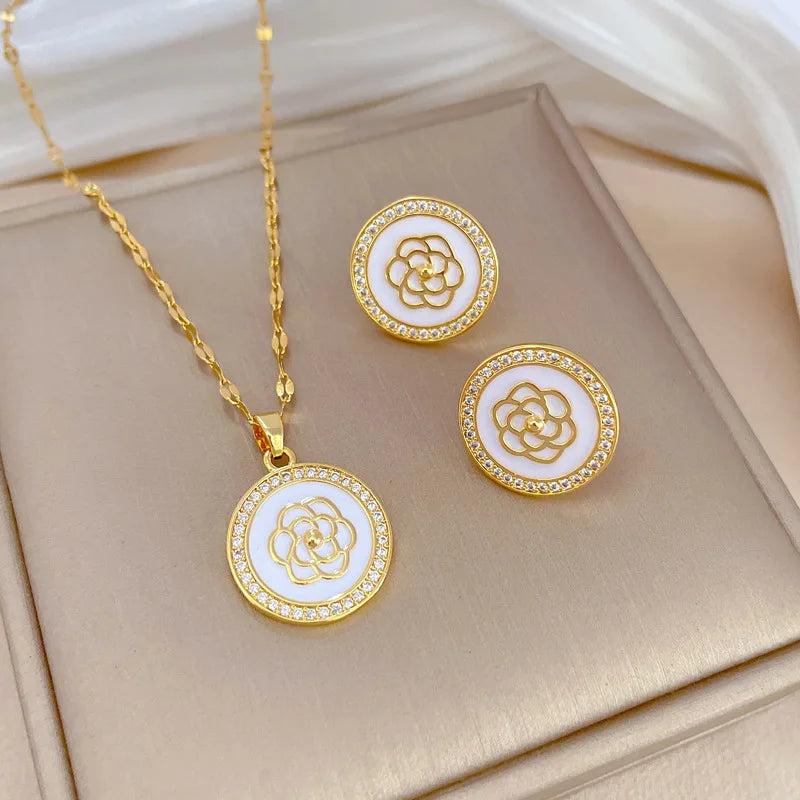 316L Stainless Steel Flower Pendant Necklace Earrings Set