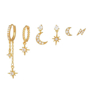 Zircon Star Moon Chain Dangle Earrings Set Women Piercing Jewelry