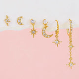 Zircon Star Moon Chain Dangle Earrings Set Women Piercing Jewelry