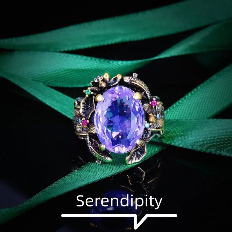 Foydjew Italian Retro Lotus Jewelry Sets Purple Stone Pendant Earring Ring Set