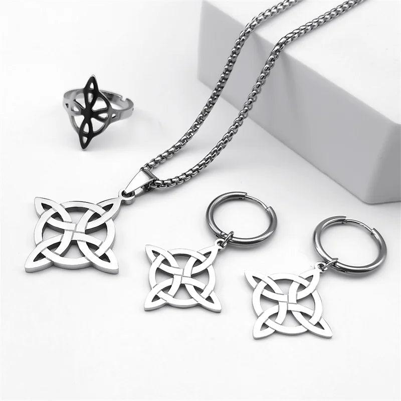 Stainless Steel Wicca Pendant Jewelry Set Witch Irish Celtic Knot