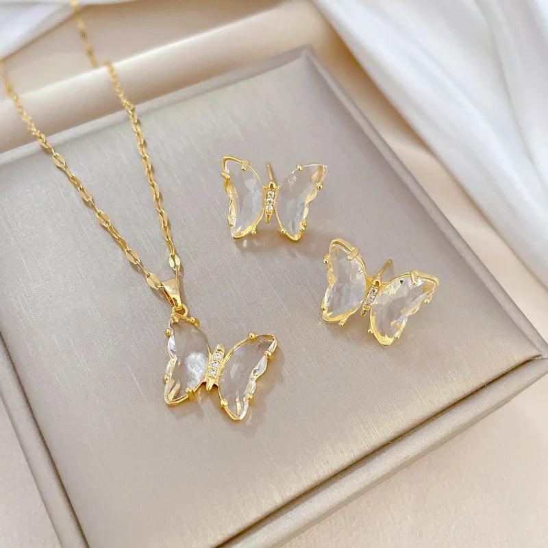 Butterfly Crystal Pendant Necklace Earrings Jewelry Set