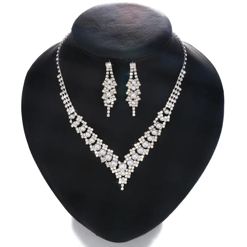 XSBODY Pearl V-Shaped Necklace Sets for Bridal Women Rhinestone Earring Wedding