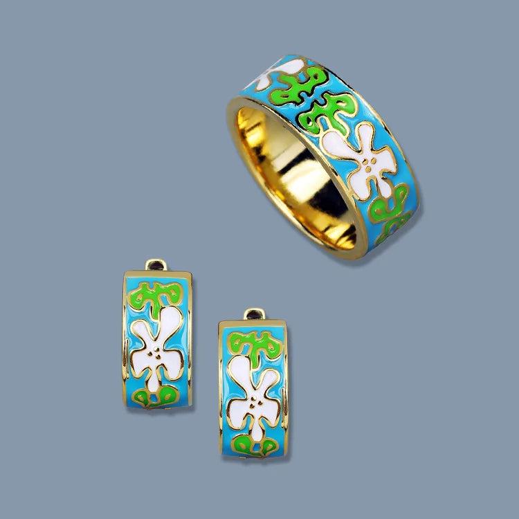 Enamel Floral Jewelry Set Retro Pastoral Style Flowers Ring Ear Studs