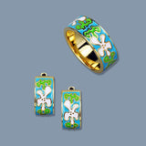 Enamel Floral Jewelry Set Retro Pastoral Style Flowers Ring Ear Studs