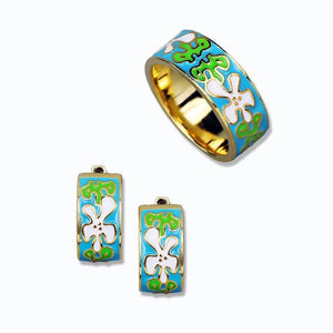 Enamel Floral Jewelry Set Retro Pastoral Style Flowers Ring Ear Studs