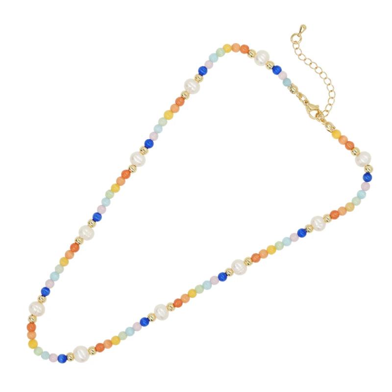 Colorful Boho Choker Necklace Freshwater Pearl & Opal Beads