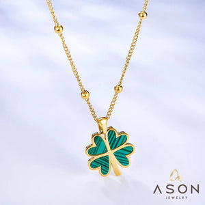 Green Four-Leaf Clover Charm Necklace Stainless Steel 45+5cm