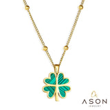 Green Four-Leaf Clover Charm Necklace Stainless Steel 45+5cm