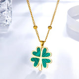 Green Four-Leaf Clover Charm Necklace Stainless Steel 45+5cm