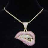 Hip Hop Bite Lip Shape Pendant Necklace Crystal Chain Iced Out Bling