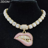 Hip Hop Bite Lip Shape Pendant Necklace Crystal Chain Iced Out Bling