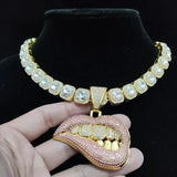 Hip Hop Bite Lip Shape Pendant Necklace Crystal Chain Iced Out Bling