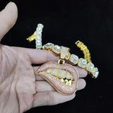 Hip Hop Bite Lip Shape Pendant Necklace Crystal Chain Iced Out Bling