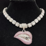 Hip Hop Bite Lip Shape Pendant Necklace Crystal Chain Iced Out Bling