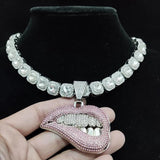 Hip Hop Bite Lip Shape Pendant Necklace Crystal Chain Iced Out Bling