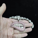 Hip Hop Bite Lip Shape Pendant Necklace Crystal Chain Iced Out Bling