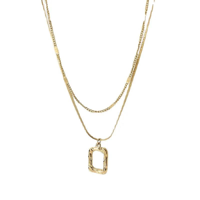 316L Stainless Steel Layered Necklace Metal Texture Square Pendant