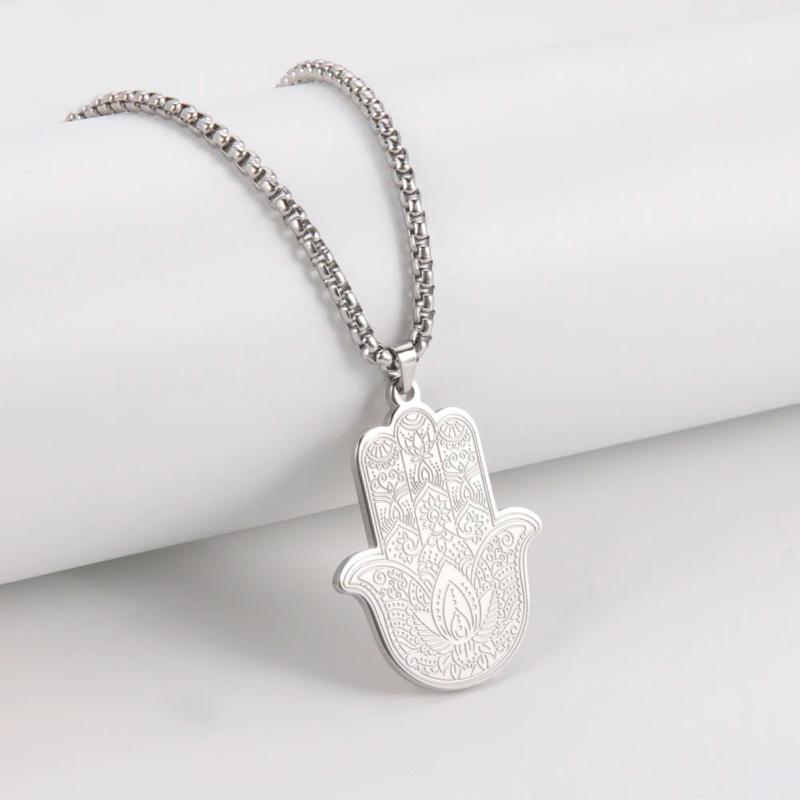 Stainless Steel Fatima Hamsa Hand Egyptian Evil Eye Pendant Necklace