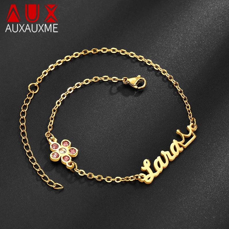 Personalized Birthstone Pink Flower Name Bracelet for Women