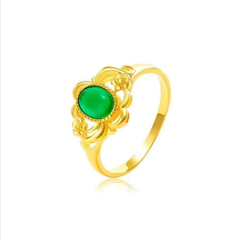 Vintage Green Agate Rings 24K Yellow Plated Women Jewelry