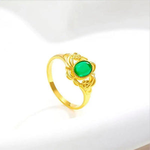 Vintage Green Agate Rings 24K Yellow Plated Women Jewelry