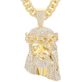 Rhinestone Jesus Head Pendant Necklace with Miami Cuban Chain