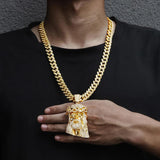 Rhinestone Jesus Head Pendant Necklace with Miami Cuban Chain